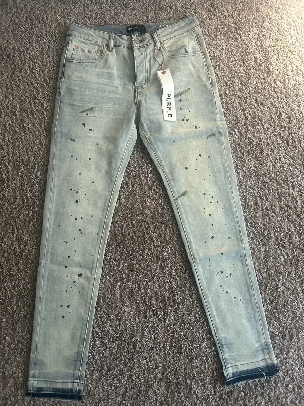 Purple Brand Light Blue Skinny Jeans with Paint-Splatter Detail
